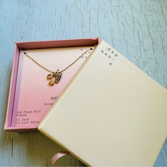 A New Day Gold Amber Dainty Bead Charm Necklace NIB - Picture 2 of 2